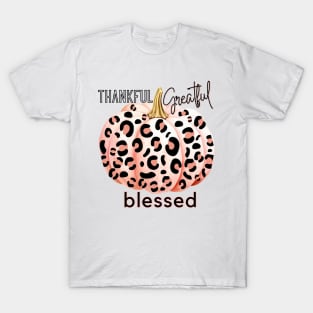Blush Pink Pumpkin with Leopard Print Thankful Greatful Blessed T-Shirt